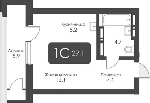 Планировка студии 26.15 м² в ЖК «Сити Тауэрс»