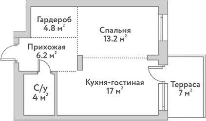 Планировка 2е-к.кв 45.20 м² в ЖК «Flora&Fauna»