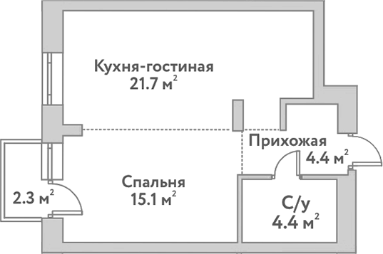 Планировка 2е-к.кв 45.50 м² в ЖК «Flora&Fauna»