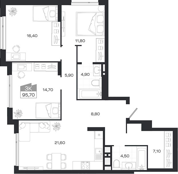 Планировка 4е-к.кв 95.70 м² в ЖК «Ясный Берег»