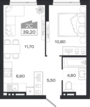 Планировка 2е-к.кв 39.10 м² в ЖК «Ясный Берег»