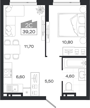 Планировка 2е-к.кв 39.10 м² в ЖК «Ясный Берег»
