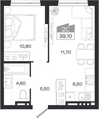 Планировка 2е-к.кв 39.10 м² в ЖК «Ясный Берег»