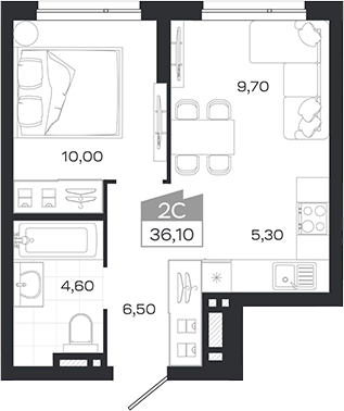 Планировка 2е-к.кв 35.90 м² в ЖК «Ясный Берег»