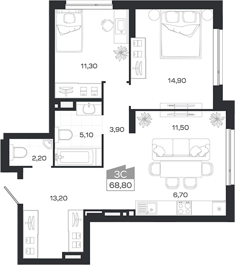 Планировка 3е-к. квартира 68.90 м² в ЖК «Ясный Берег»