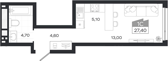 Планировка студии 27.40 м² в ЖК «Ясный Берег»