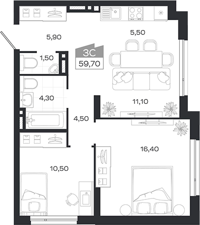 Планировка 3е-к. квартира 59.60 м² в ЖК «Ясный Берег»