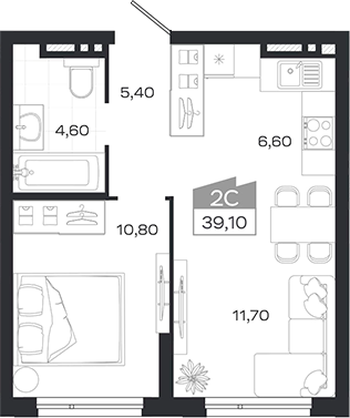 Планировка 2е-к.кв 39.10 м² в ЖК «Ясный Берег»
