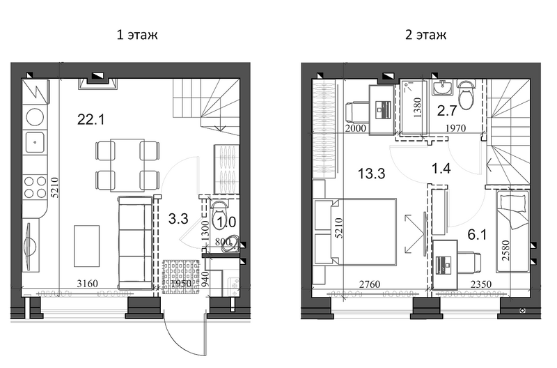 Планировка таунхаус 50.70 м² в ЖК «Коттеджный поселок Березки Новолуговое»