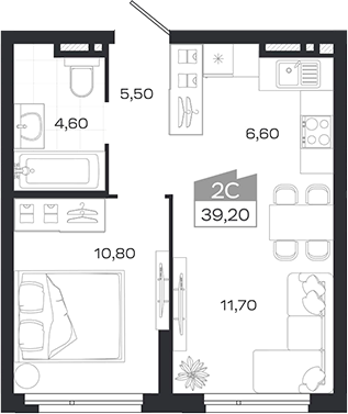 Планировка 2е-к.кв 39.10 м² в ЖК «Ясный Берег»