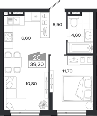 Планировка 2е-к.кв 39.10 м² в ЖК «Ясный Берег»