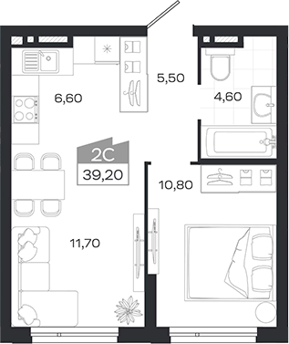 Планировка 2е-к.кв 39.10 м² в ЖК «Ясный Берег»