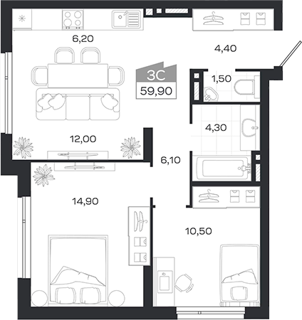 Планировка 3е-к.кв 59.90 м² в ЖК «Ясный Берег»