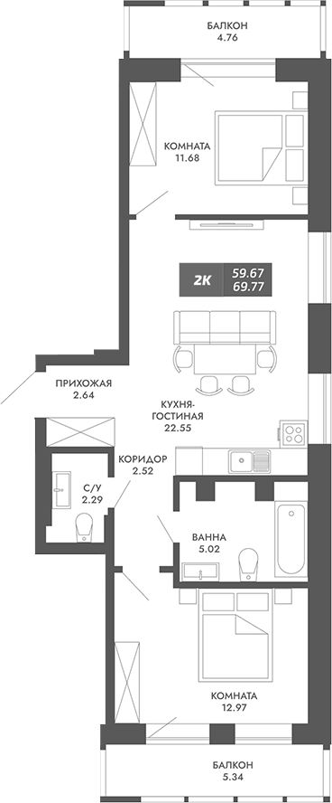 Планировка 2-к.кв 59.67 м² в ЖК «Звезда»