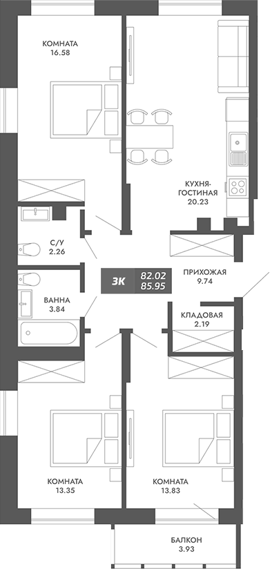 Планировка 3-к.кв 82.02 м² в ЖК «Звезда»