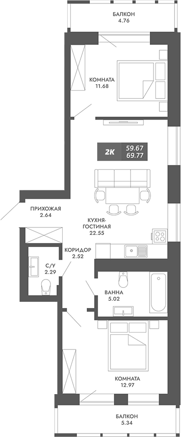 Планировка 2-к.кв 59.67 м² в ЖК «Звезда»