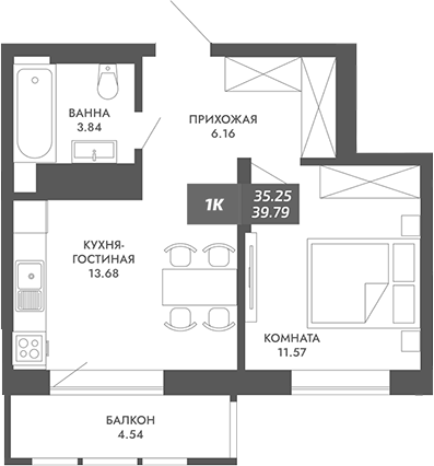 Планировка 1-к.кв 35.25 м² в ЖК «Звезда»