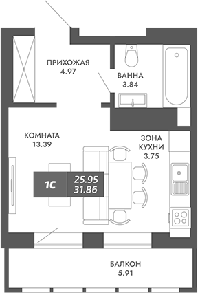 Планировка студии 25.95 м² в ЖК «Звезда»