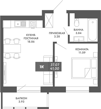 Планировка 1-к.кв 37.07 м² в ЖК «Звезда»