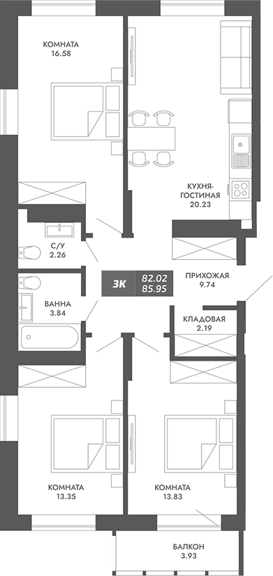 Планировка 3-к.кв 82.02 м² в ЖК «Звезда»